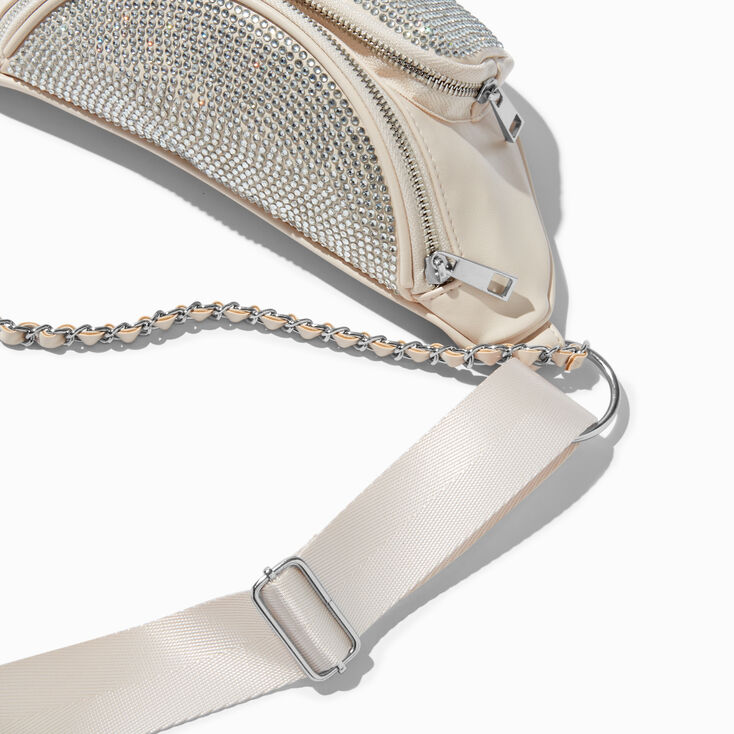 Rhinestone-Studded Faux-Leather Fanny Pack - Ivory,
