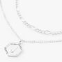 Silver Initial Hexagon Pendant Chain Necklace Set - 2 Pack, J,