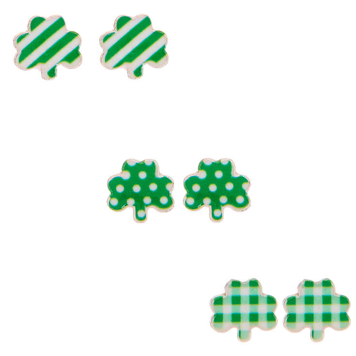 Silver Patterned Shamrock Stud Earrings - Green, 3 Pack,