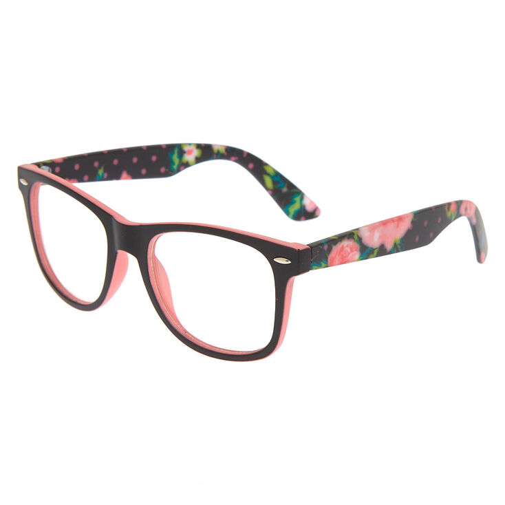 Rubberized Floral Retro Clear Lens Frames - Black,