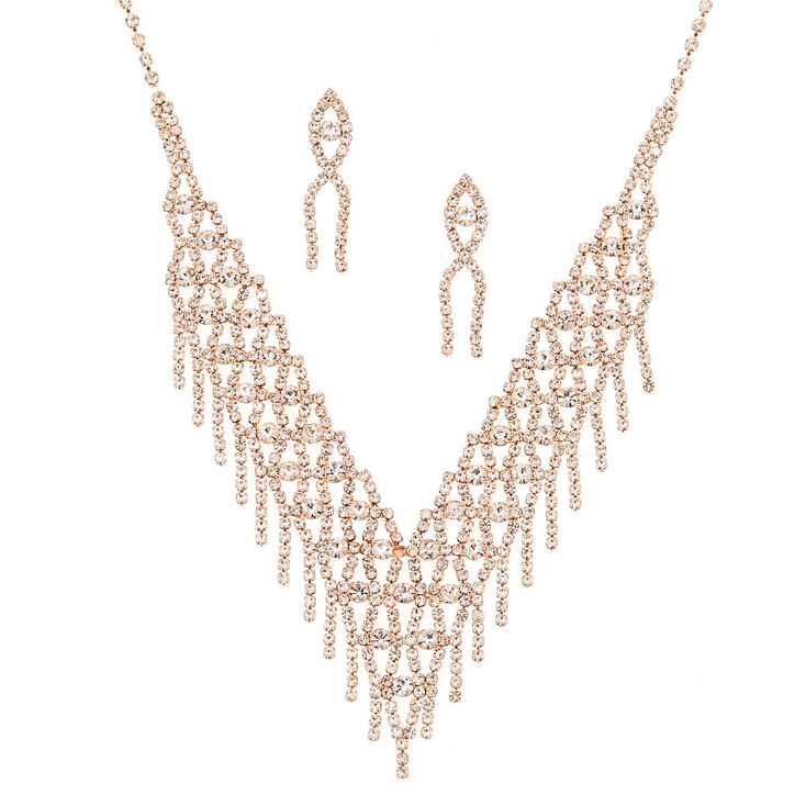 Rose Gold Fringe Rhinestone Jewelry Set - 2 Pack,