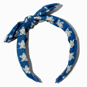 Embroidered Denim Knotted Bow Headband,