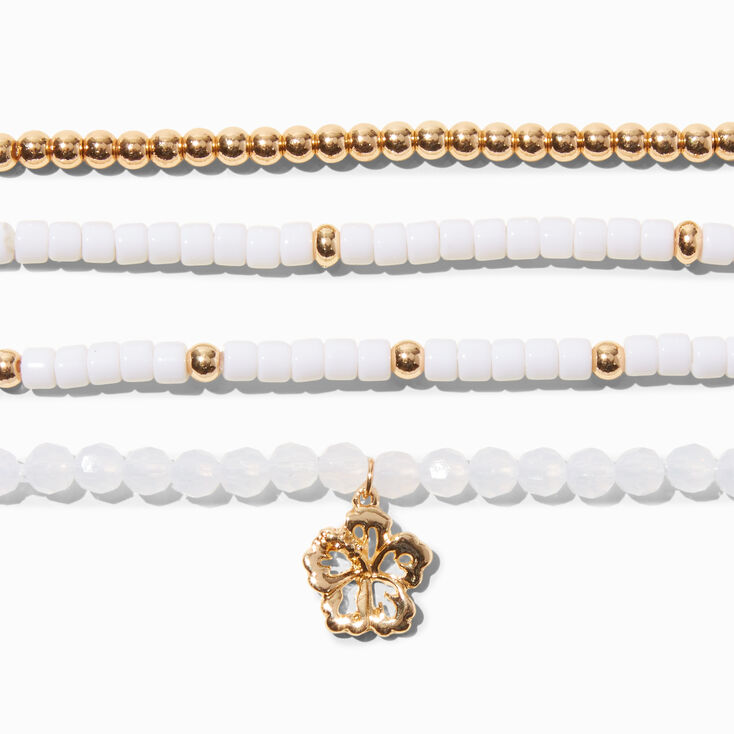 Gold &amp; White Floral Beaded Stretch Bracelets - 3 Pack,
