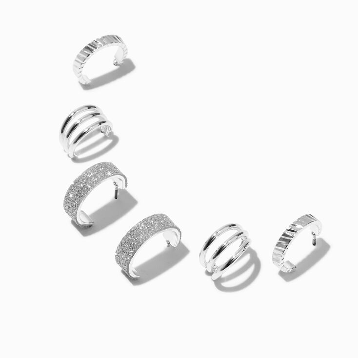 Silver-tone Glitter Hoop Earring Stackables Set - 3 Pack,
