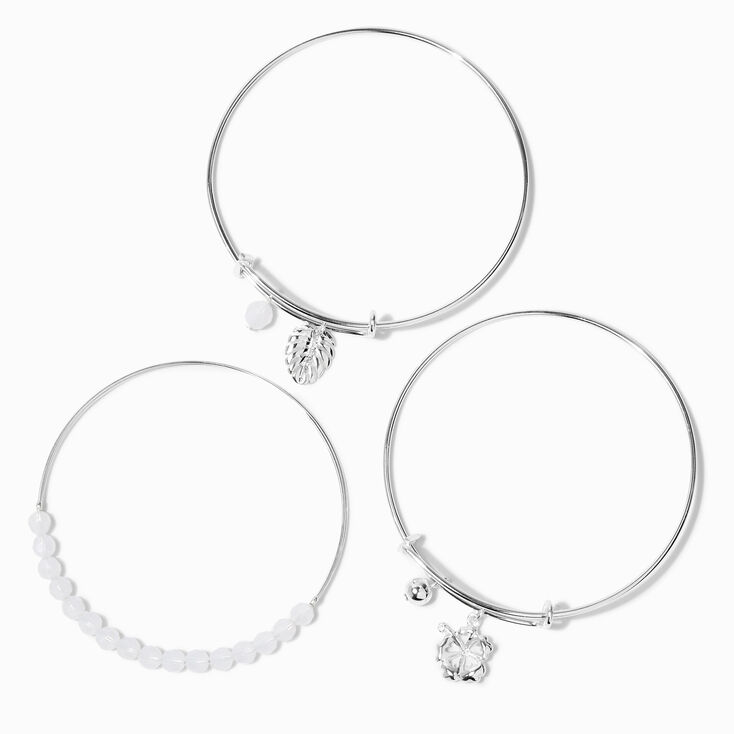 Silver Palm Leaf Adjustable Bangle Bracelets - 3 Pack,