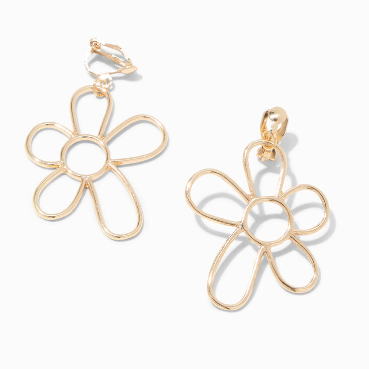 Gold Daisy Outline 1&quot; Clip-On Drop Earrings,
