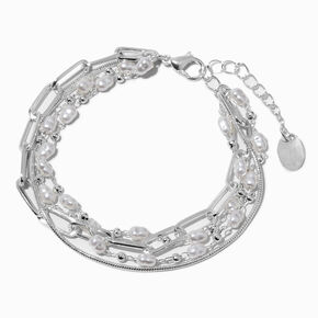 Silver-tone Mixed Chain Pearl Multi-Strand Bracelet,