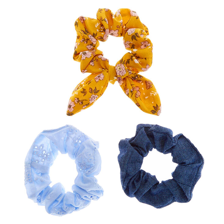 Denim Floral Eyelet Hair Scrunchies - Mustard, 3 Pack,