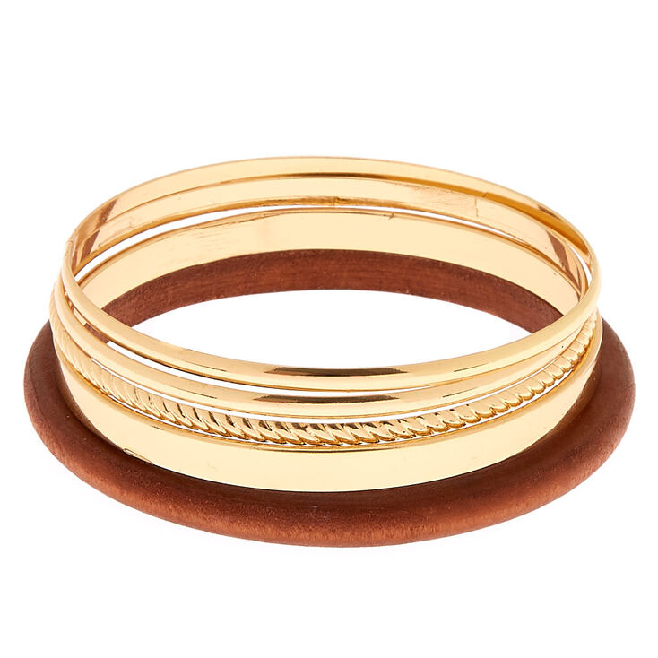 Gold Wooden Bangle Bracelets - 5 Pack,