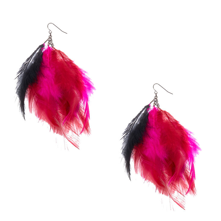 Pink & Black Feathers Drop Earrings,