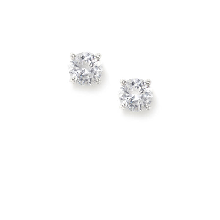 Silver-tone Cubic Zirconia 8MM Round Stud Earrings,