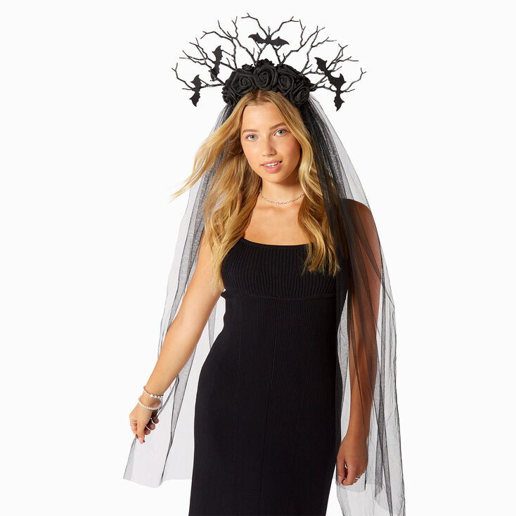 Black Bats, Branches, &amp; Roses Headband with Veil,