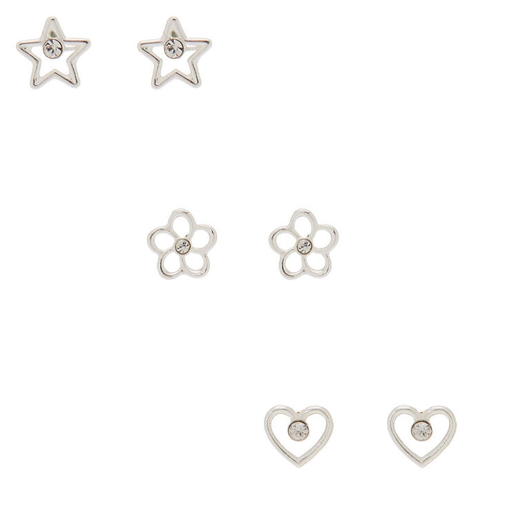 Sterling Silver Open Shape Stud Earrings - 3 Pack,