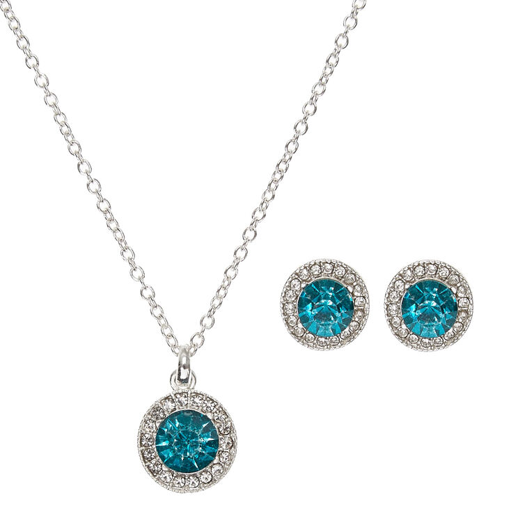 Silver & Round Blue Faux Crystal Stud Earrings & Necklace Set,