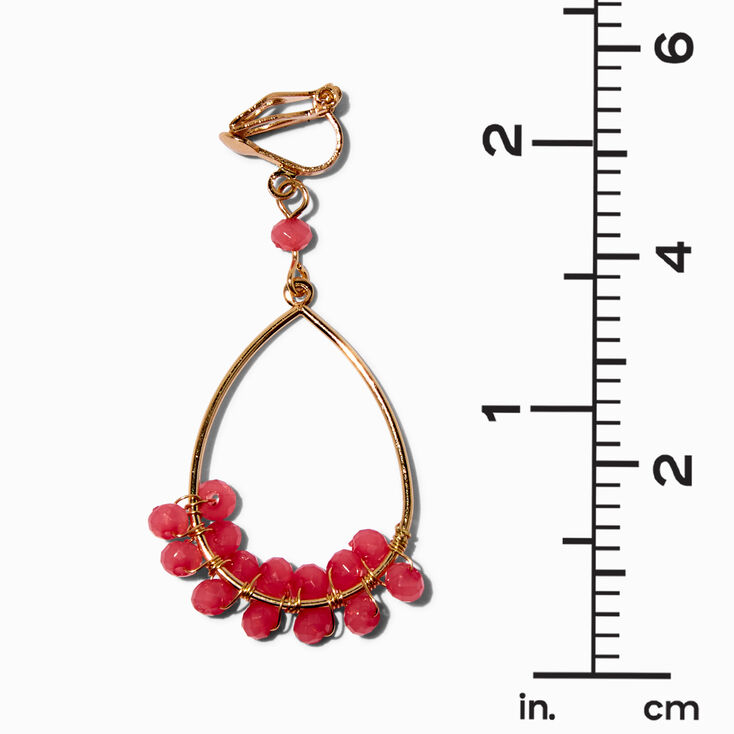 Pink Beaded Gold-tone Hoop Clip On 1.5&quot; Drop Earrings,