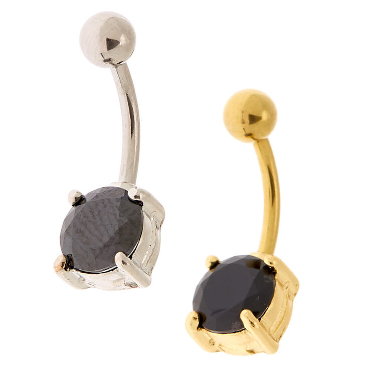 Silver 14G Stone Belly Rings - Black, 2 Pack,