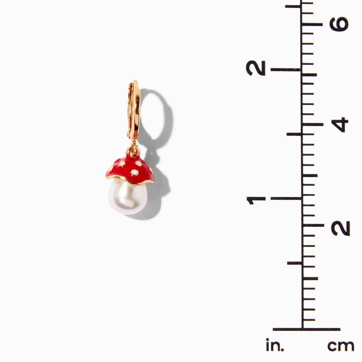 Gold 20MM Red Mushroom Pearl Huggie Hoop Earrings,