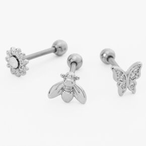 Silver Butterfly, Flower, &amp; Bee Cartilage Stud Earrings - 3 Pack,