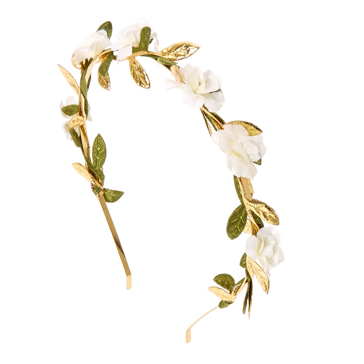 White Flower & Leaves Gold Headband,
