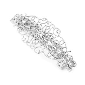 Silver Flowers &amp; Hearts Filigree Barrette with Rhinestone Accents,