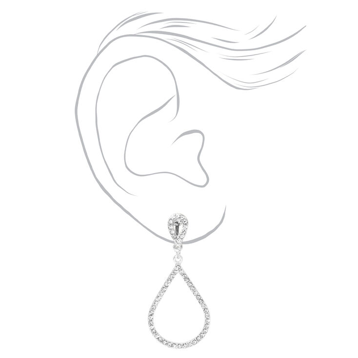 Silver Crystal Teardrop Outline 1.5&quot; Clip On Drop Earrings,