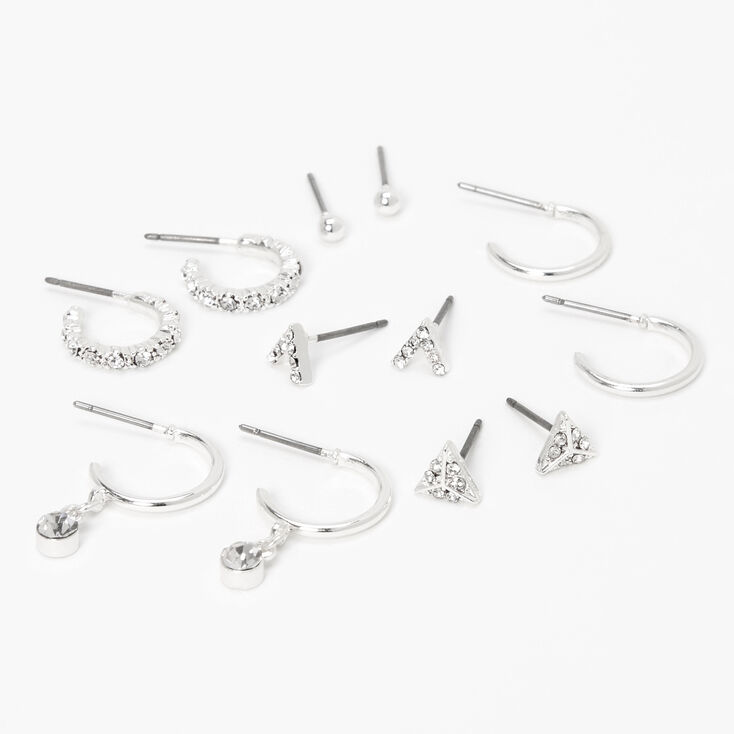 Silver Embellished Geometric Stud &amp; Hoop Earrings - 6 Pack,