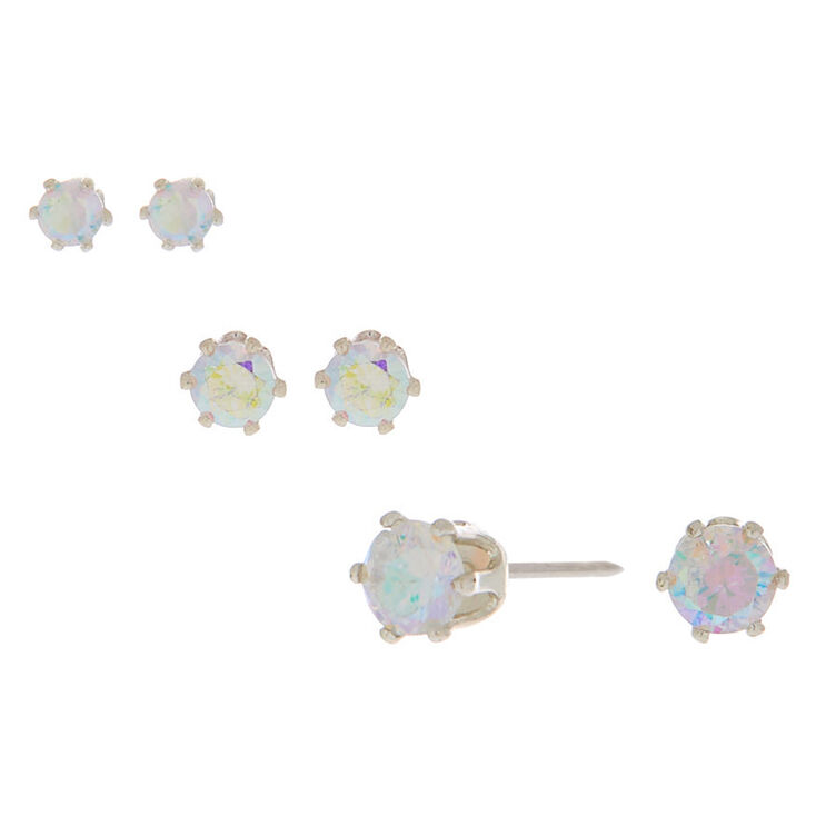 Silver Cubic Zirconia Graduated Round Stud Earrings - 3 Pack,