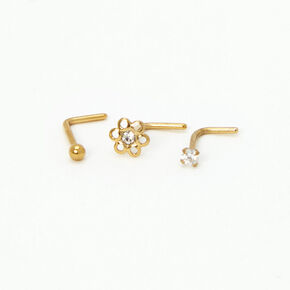 Gold 20G Daisy &amp; Mixed Stone Nose Rings - 3 Pack,