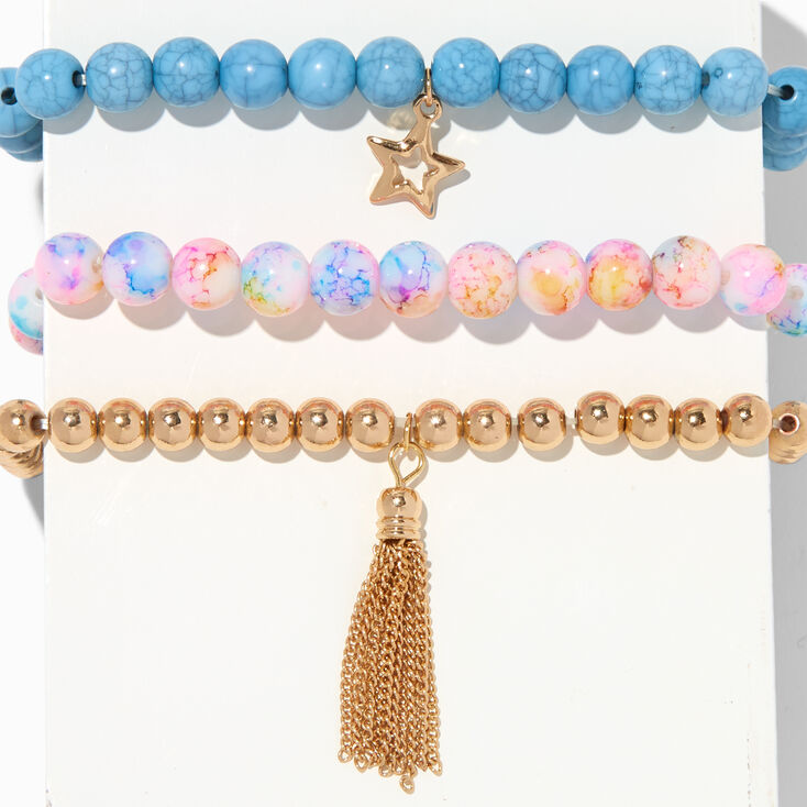 Star Rainbow Marble Beaded Stretch Bracelets - Bue, 3 Pack,