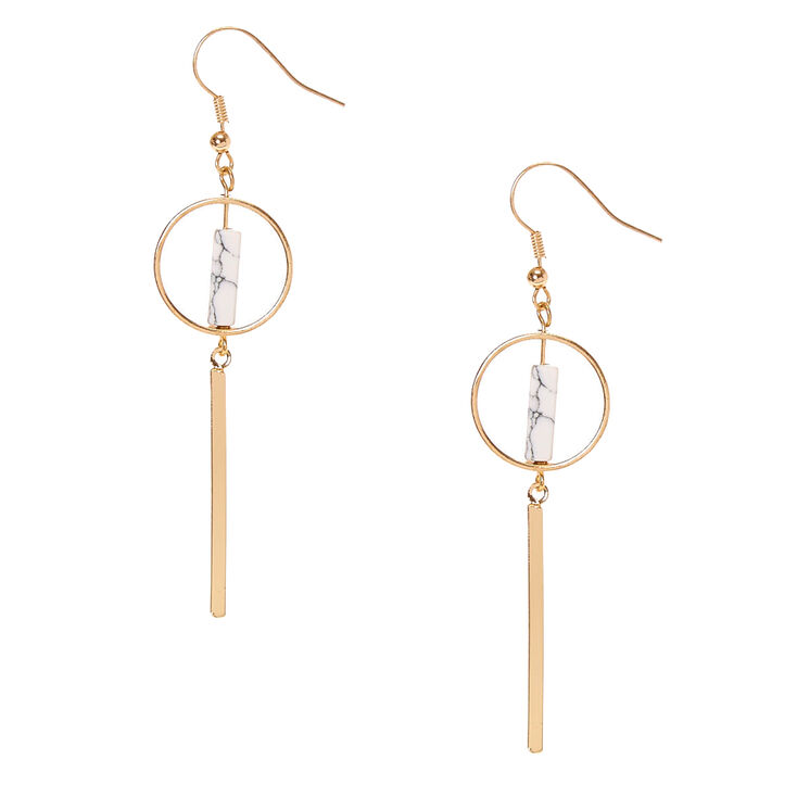 Gold Tone & White Marbled Stone Geometric Bar Drop Earrings,