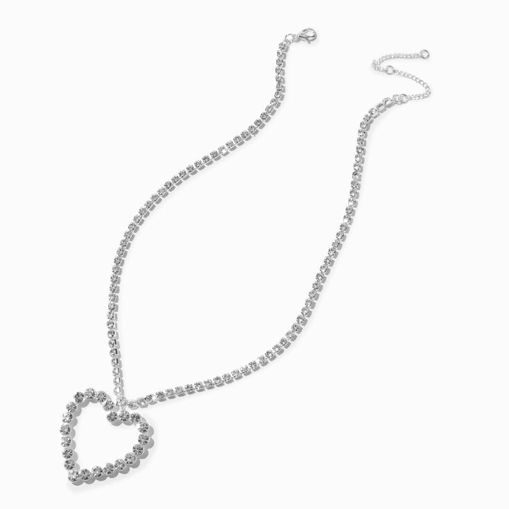 Silver-tone Rhinestone Cup Chain Heart Pendant Necklace ,