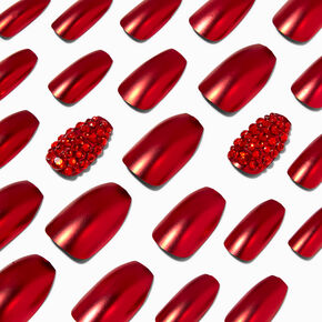 Chrome Red Bling Coffin Vegan Faux Nail Set - 24 Pack,