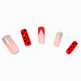 Red Hearts Glitter Tip Long Square Vegan Faux Nail Set - 24 Pack,