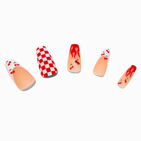 Checkered Cherry Flame Squareletto Vegan Faux Nail Set - 24 Pack,