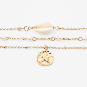 Gold Sand Dollar Pendant &amp; Shell Choker Necklaces - 3 Pack,