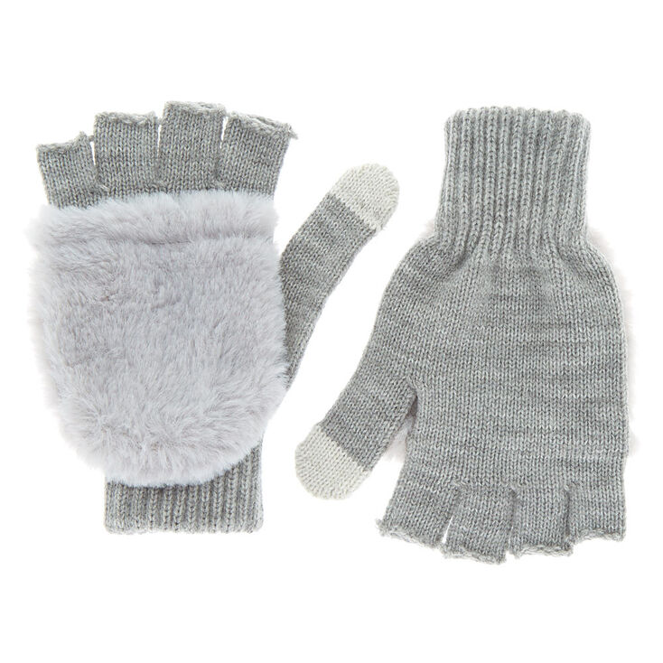 Touch Screen Fingerless Gloves with Furry Mitten Flap - Gray,