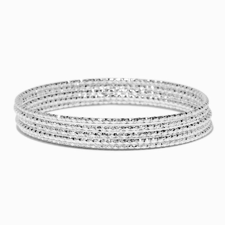 Silver-tone Laser Cut Textured Bangle Bracelets - 5 Pack,