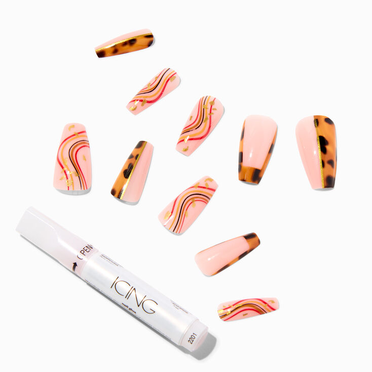 Tortoiseshell Swirl Squareletto Vegan Faux Nail Set - 24 Pack,