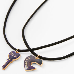 Gold Best Friends Heart Key Mood Pendant Necklaces - 2 Pack,