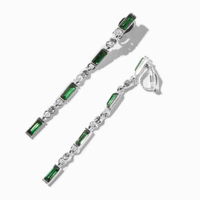 Green Baguette Silver-tone 2.5&quot; Clip-On Drop Earrings,