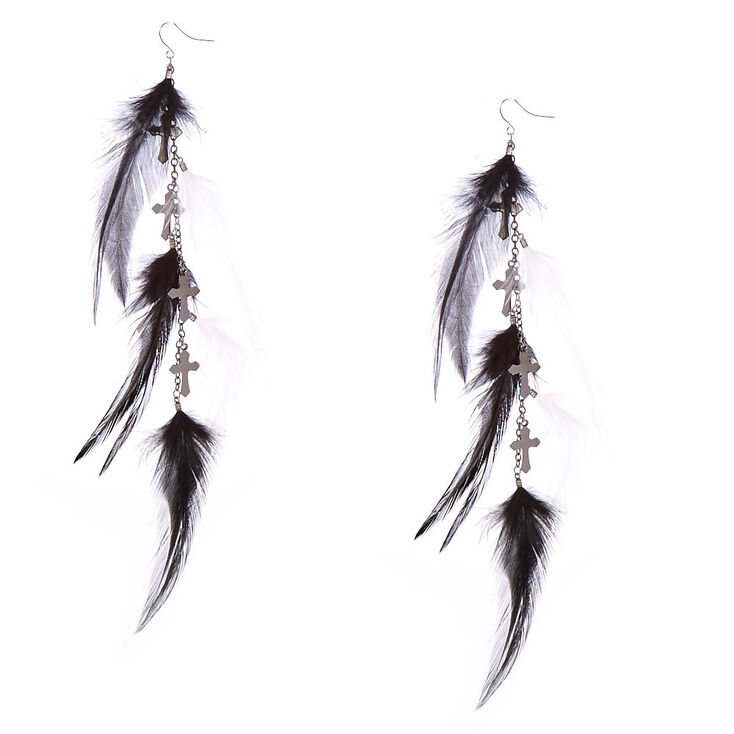 Black & White Cross/Feather Drop Earrings,