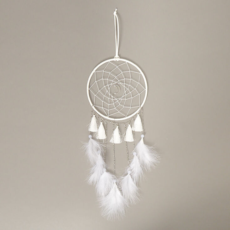 Crescent Moon Tassel &amp; Feather Hanging Wall Art - White,