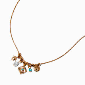 Turquoise &amp; Pearl Mini Charm Cluster Pendant Necklace,