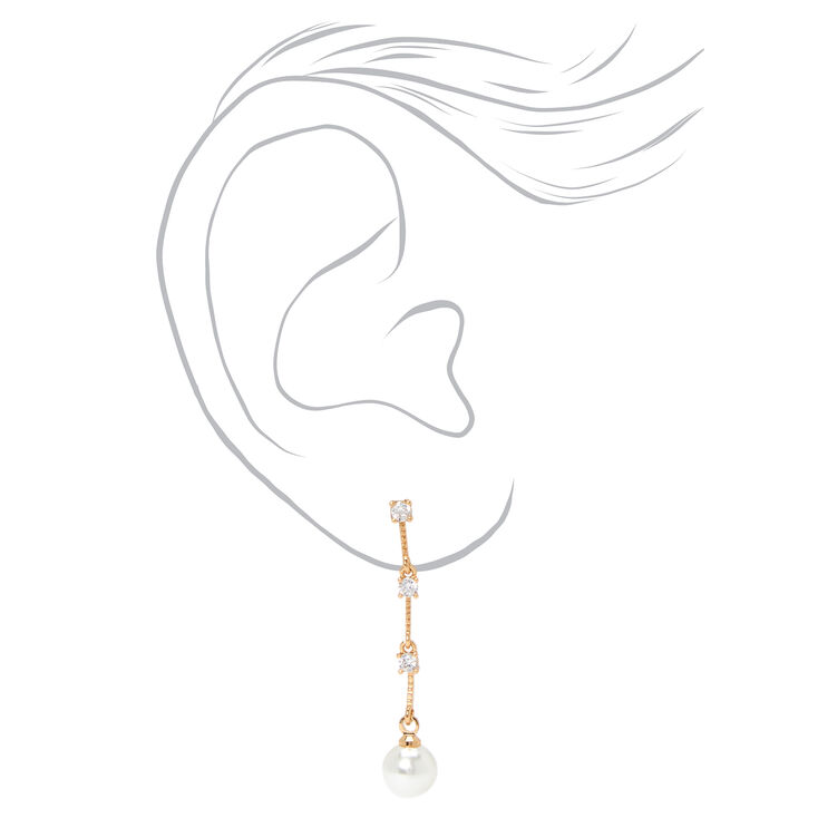 Gold Pearl &amp; Rhinestone 2&quot; Linear Drop Earrings,