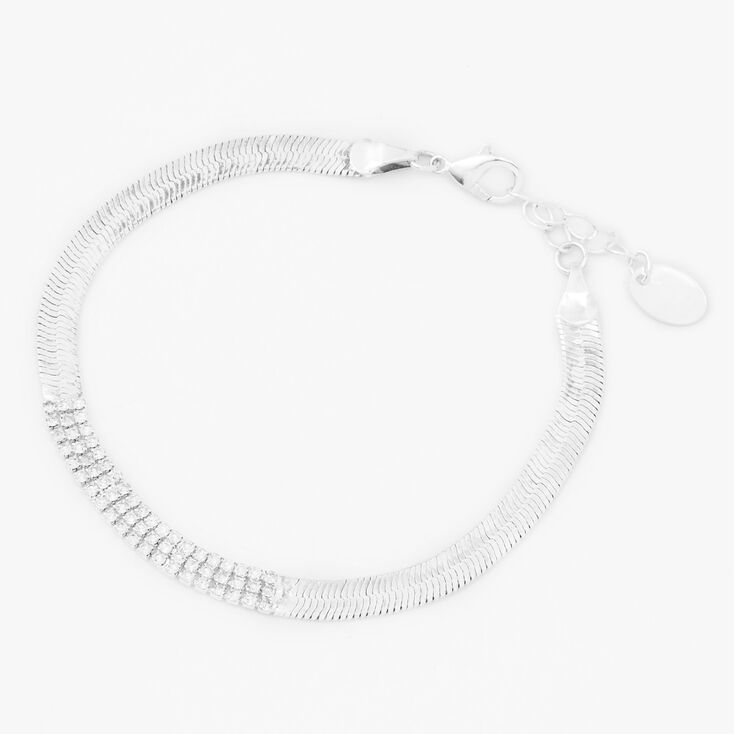 Silver Rhinestone Herringbone Chain Bracelet,