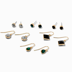 Emerald Green &amp; Jet Black Gemstone Mixed Earring Set - 6 Pack,