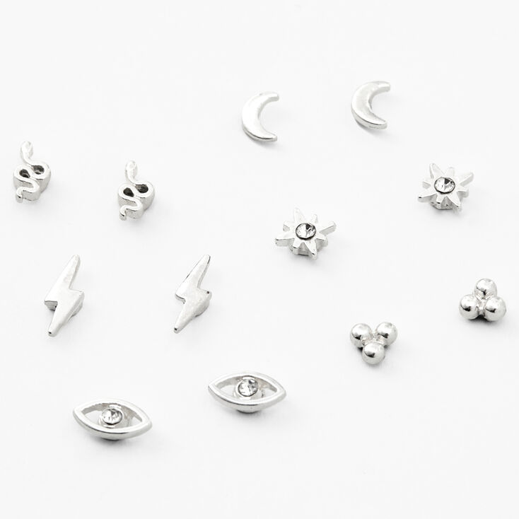 Silver Mystical Stud Earrings - 6 Pack,