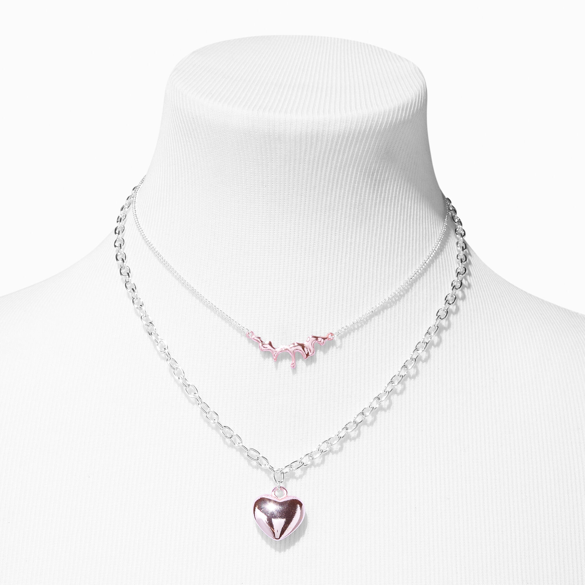 Silver Melted Drip Pink Heart Multi Strand Necklace Icing US