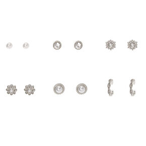 Silver Faux Pearl Fancy Stud Earrings - 6 Pack,