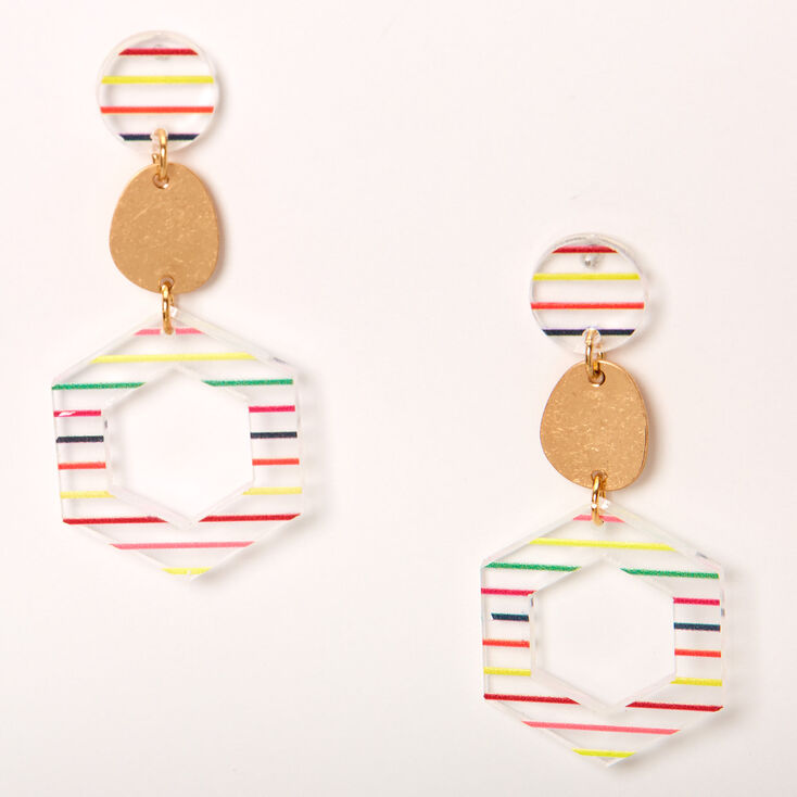 Gold 2" Rainbow Striped Geometric Drop Earrings,